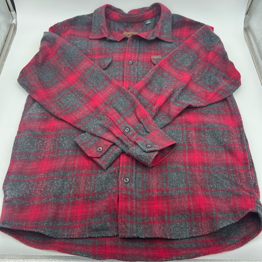 Orvis Flannel Shirt Heavy Men Large Red Buffalo Plaid Lumberjack Shacket Pockets